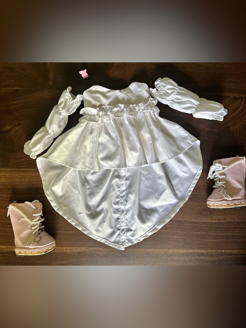 Handmade Sweetheart Hi-Low Dress with Puff Sleeve for 18” Doll + Boots/Hair Clip